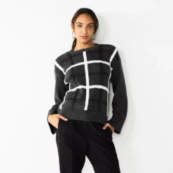 Women's Nine West Patterned Crewneck Sweater -Deals My Glow Wardrobe Store 5731865 Gray Plaid