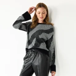 Women's Nine West Patterned Crewneck Sweater -Deals My Glow Wardrobe Store 5731865 Mineral Black Combo