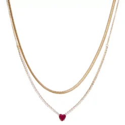 Nine West Gold Tone Red & Clear Crystal Heart Double-Strand Necklace