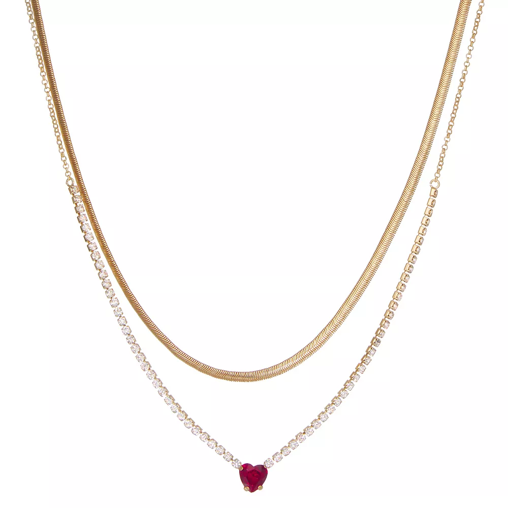 Nine West Gold Tone Red & Clear Crystal Heart Double-Strand Necklace 3 Nine West Gold Tone Red & Clear Crystal Heart Double-Strand Necklace