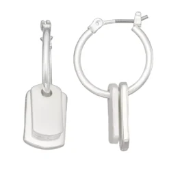 Women's Nine West Silver Tone Dog Tag Drop Click-It Hoop Earrings