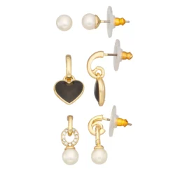 Nine West Gold Tone Simulated Pearl & Heart Drop Earrings Trio Set