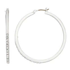Nine West Silver Tone Pave Click It Hoop Earrings