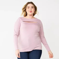 Plus Size Nine West Fitted Long Sleeve Cutout Top -Deals My Glow Wardrobe Store 5815656 Washed Grape