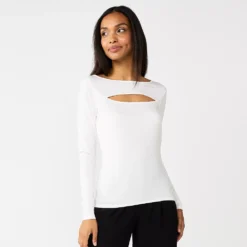 Women's Nine West Fitted Long Sleeve Cutout Top -Deals My Glow Wardrobe Store 5817132 Ivory Tusk