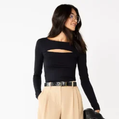 Women's Nine West Fitted Long Sleeve Cutout Top -Deals My Glow Wardrobe Store 5817132 Mineral Black