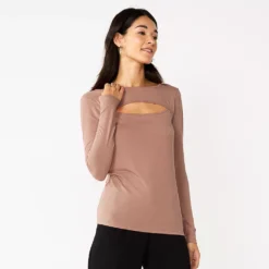 Women's Nine West Fitted Long Sleeve Cutout Top -Deals My Glow Wardrobe Store 5817132 Mocha Frosting