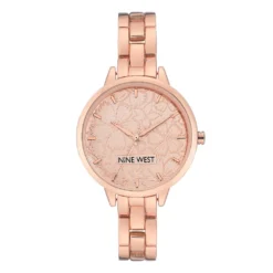 Nine West Women's Rose Gold Tone Bracelet Watch with Etched Flower Dial