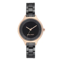Nine West Women's Black Bracelet Watch with Rose Gold Tone Case