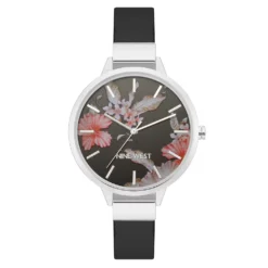 Nine West Women's Black Strap Watch with Flower Dial