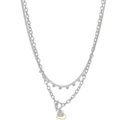 Nine West Silver Tone Double Row Heart Charm Necklace