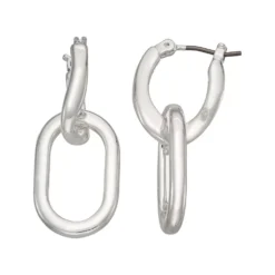 Nine West Silver Tone Chain Link Drop Hoop Earrings