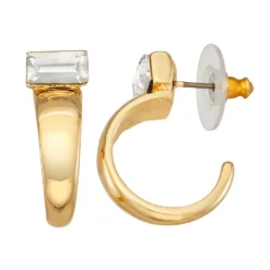 Nine West Gold Tone Crystal Bar C-Hoop Earrings