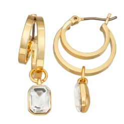 Nine West Gold Tone Crystal Double-Layer Drop Hoop Earrings