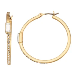 Nine West Gold Tone Crystal Pave & Baguette Hoop Earrings