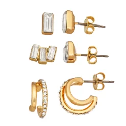 Nine West Gold Tone Crystal 3-Pack Earrings Set