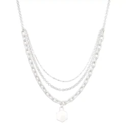 Nine West Silver Tone Three Row Hexagon Pendant Necklace