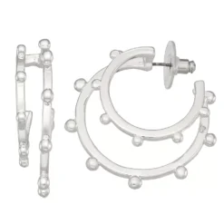 Nine West Silver Tone Ball Double Hoop Earrings
