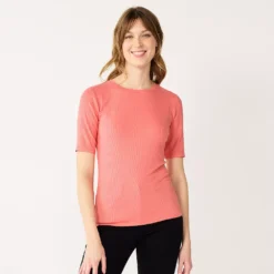Women's Nine West Ribbed Fitted Elbow-Sleeve Tee -Deals My Glow Wardrobe Store 6171586 Cruz Coral